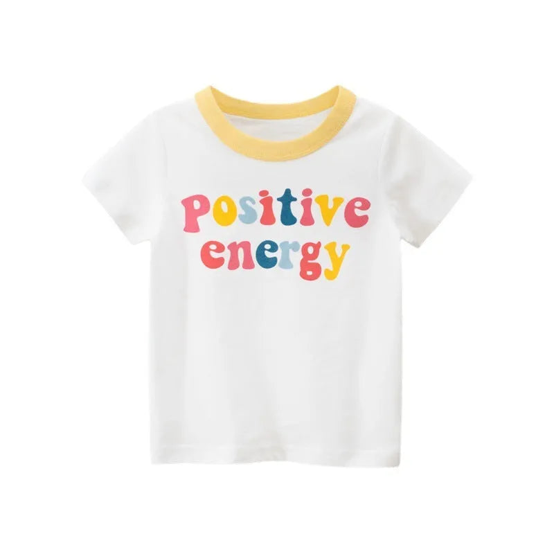 White girls summer t-shirt with alphabet pattern and cartoon design, short sleeves, on a child model, showing soft fabric