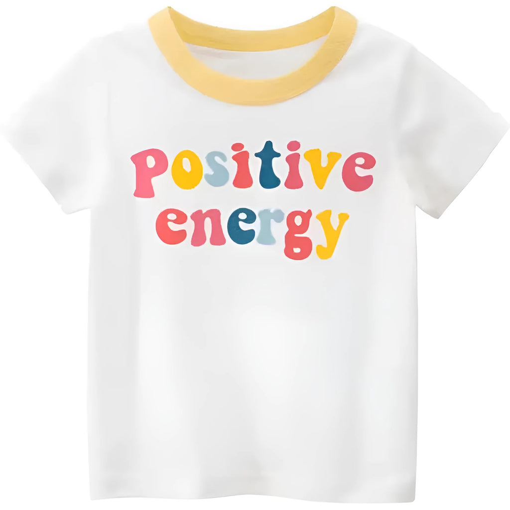 White girls summer t-shirt with alphabet pattern and cartoon design, short sleeves, on a child model, showing soft fabric
