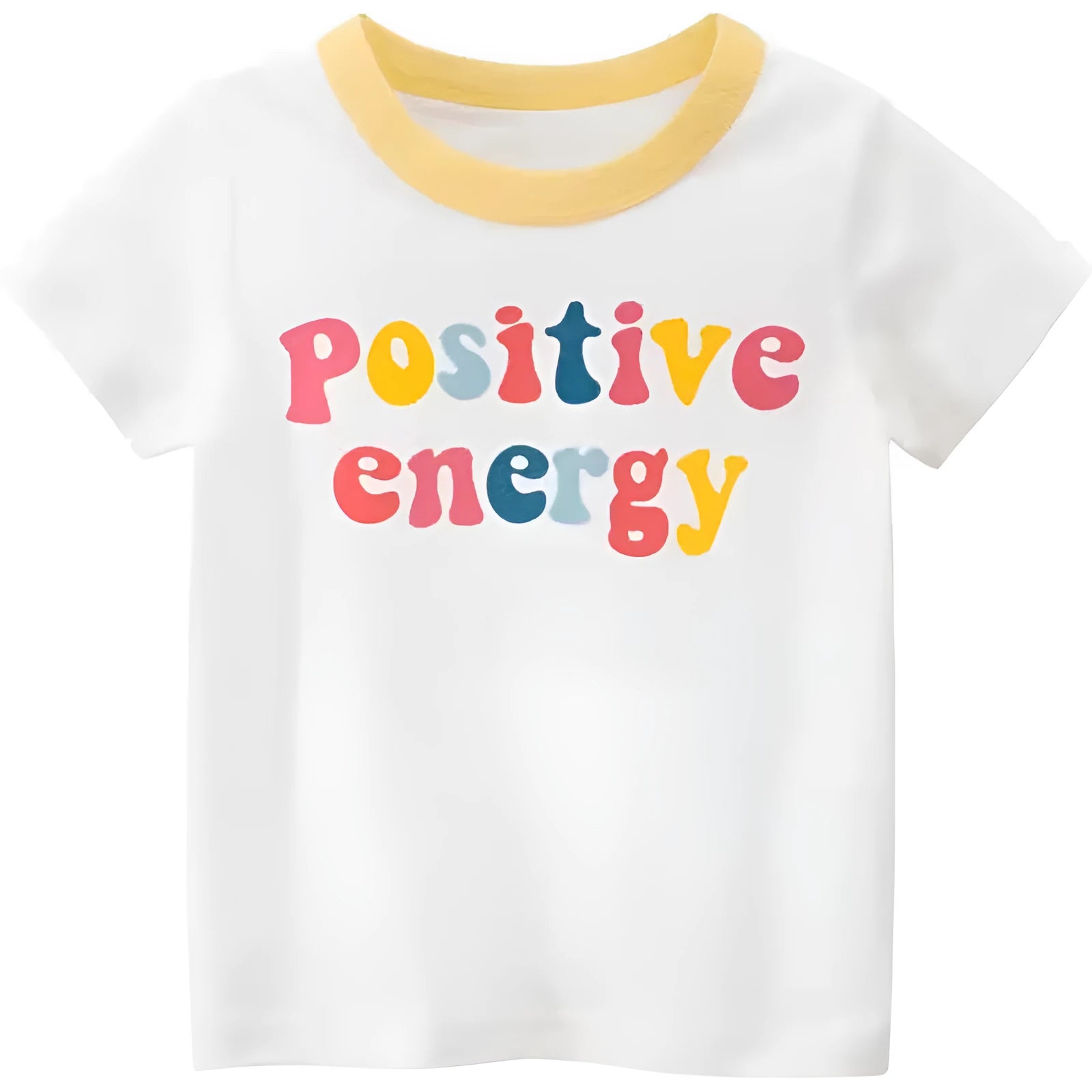 White girls summer t-shirt with alphabet pattern and cartoon design, short sleeves, on a child model, showing soft fabric