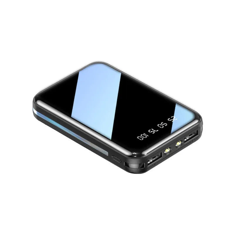 Mini power bank 20000mAh with digital display and dual USB output ports in black
