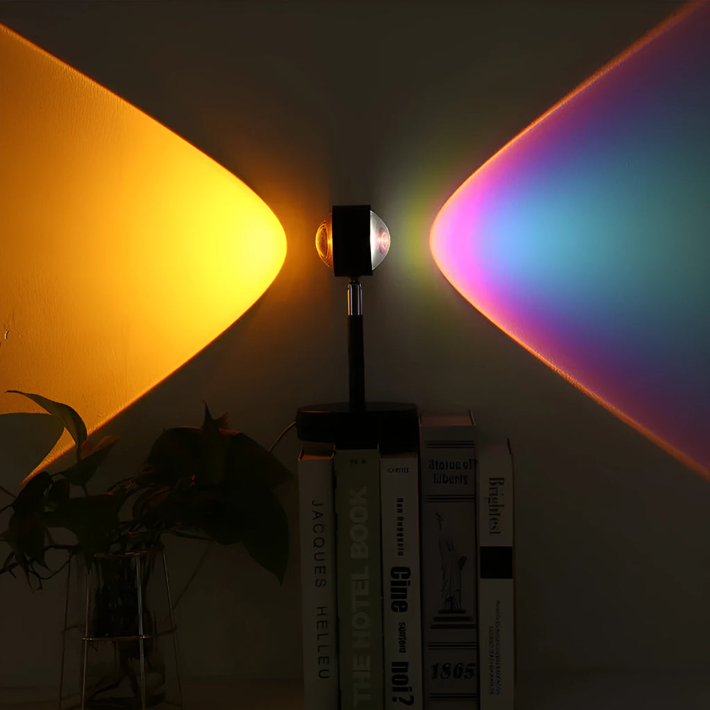 Black USB dual-head sunset rainbow projection lamp with touch control on a table.