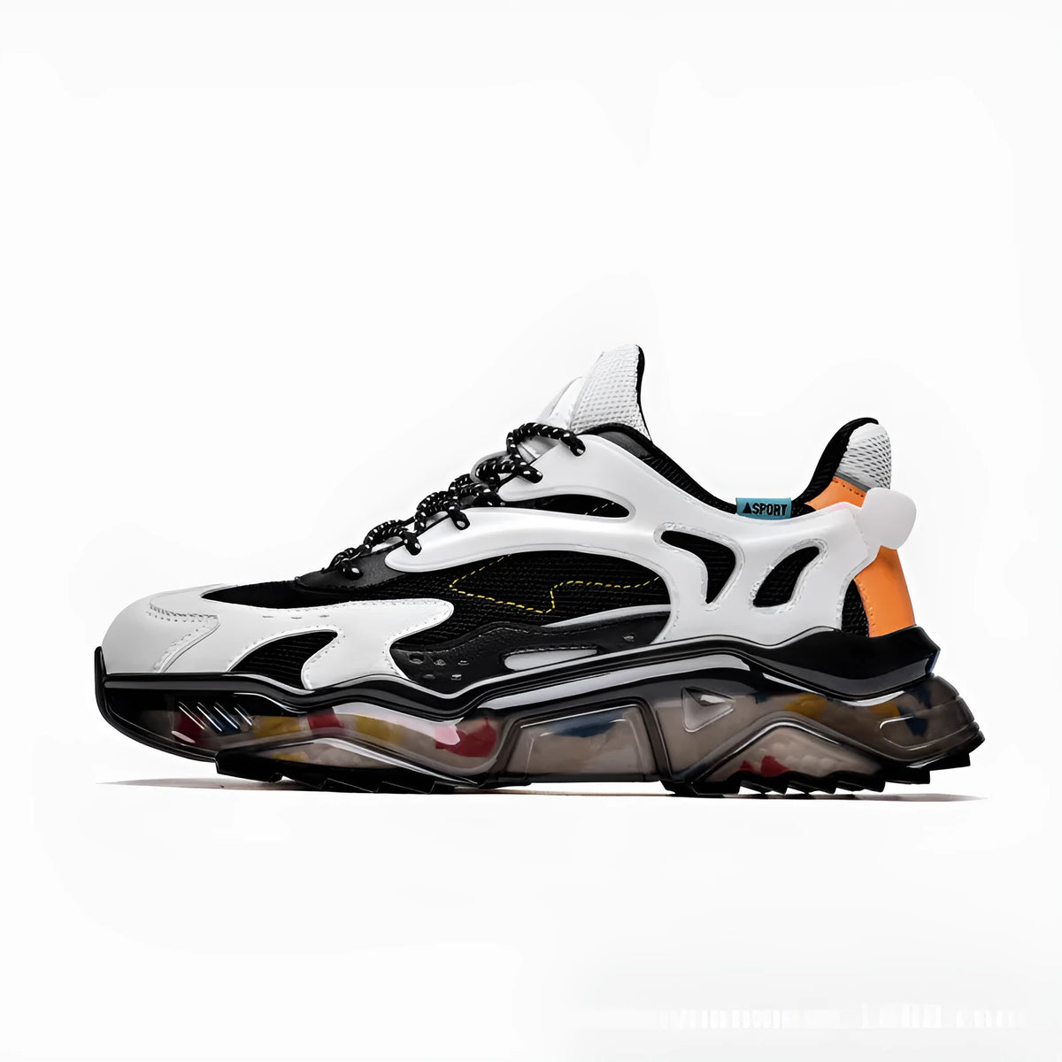 Men's breathable casual sports shoes with popcorn bottom, rubber sole, and multi-material upper in black and gray