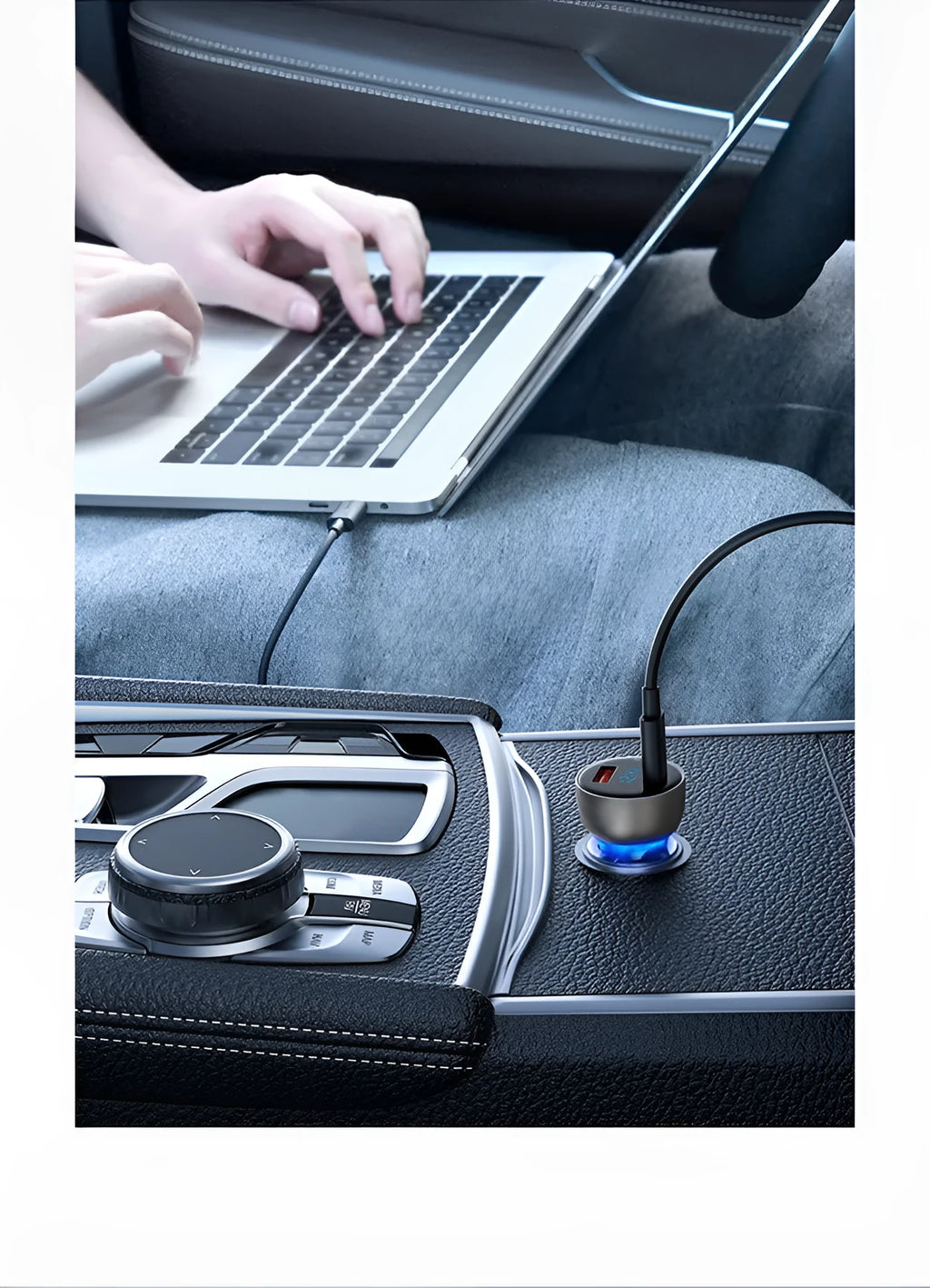 PD car charger with metal body, black finish, weighing 50g