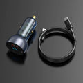 PD car charger with metal body, black finish, weighing 50g