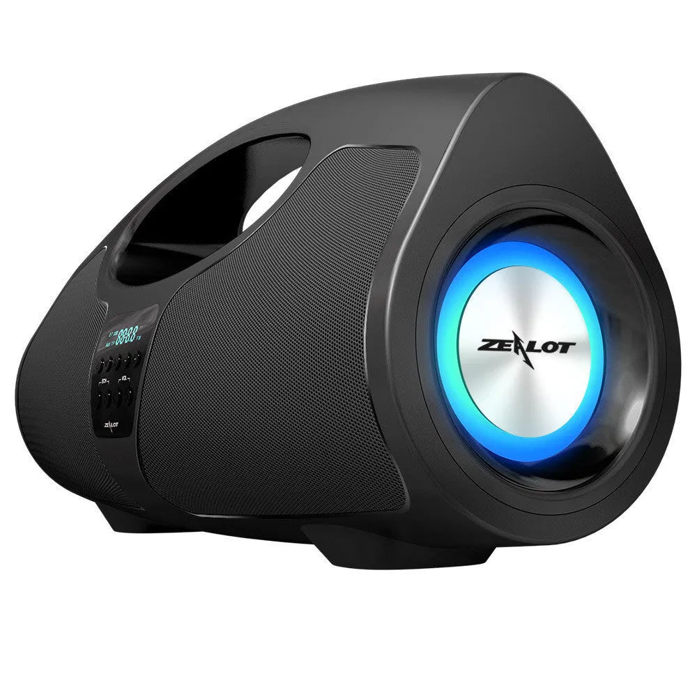 Black portable Bluetooth speaker with a wired microphone for karaoke, showing USB port and control buttons.