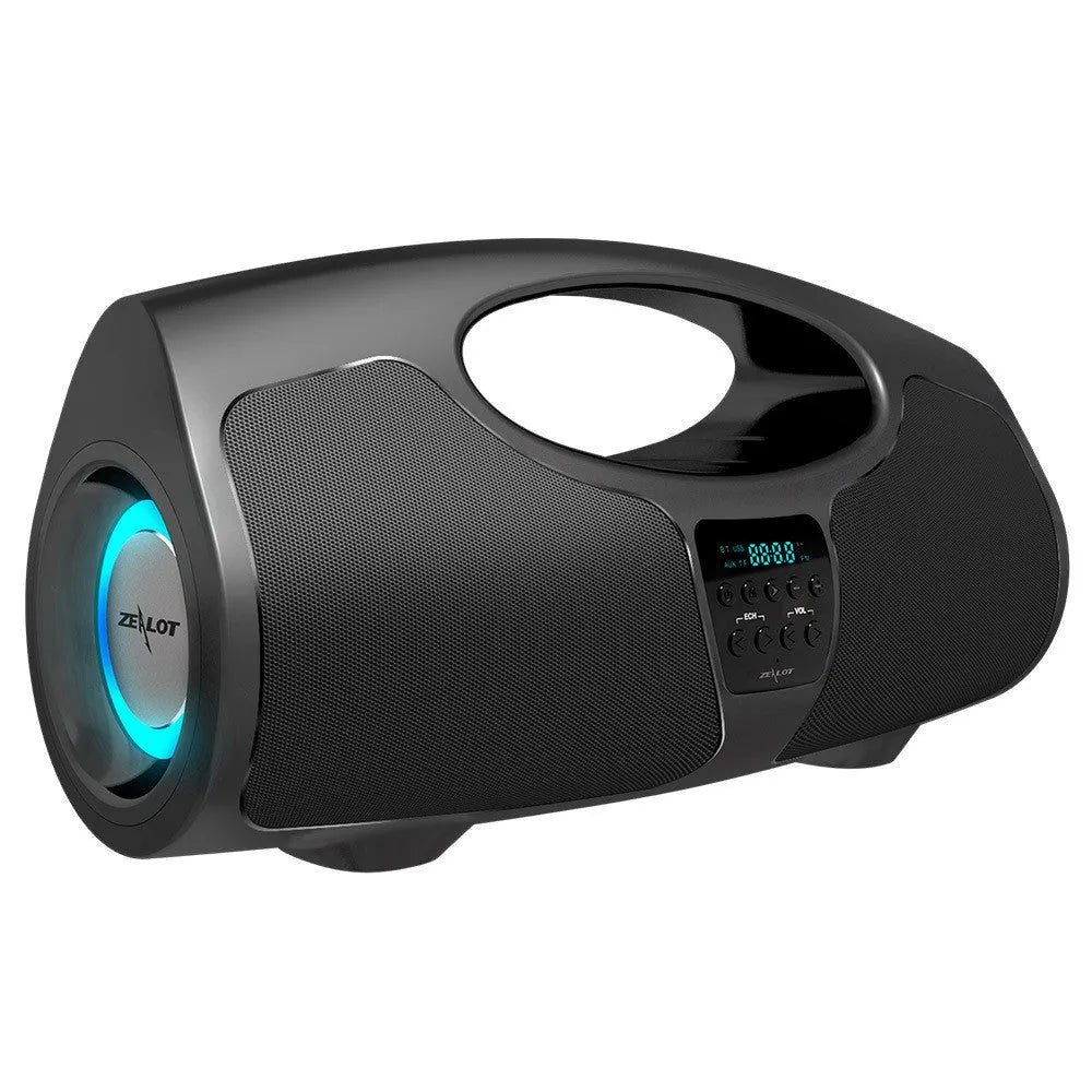 Black portable Bluetooth speaker with a wired microphone for karaoke, showing USB port and control buttons.