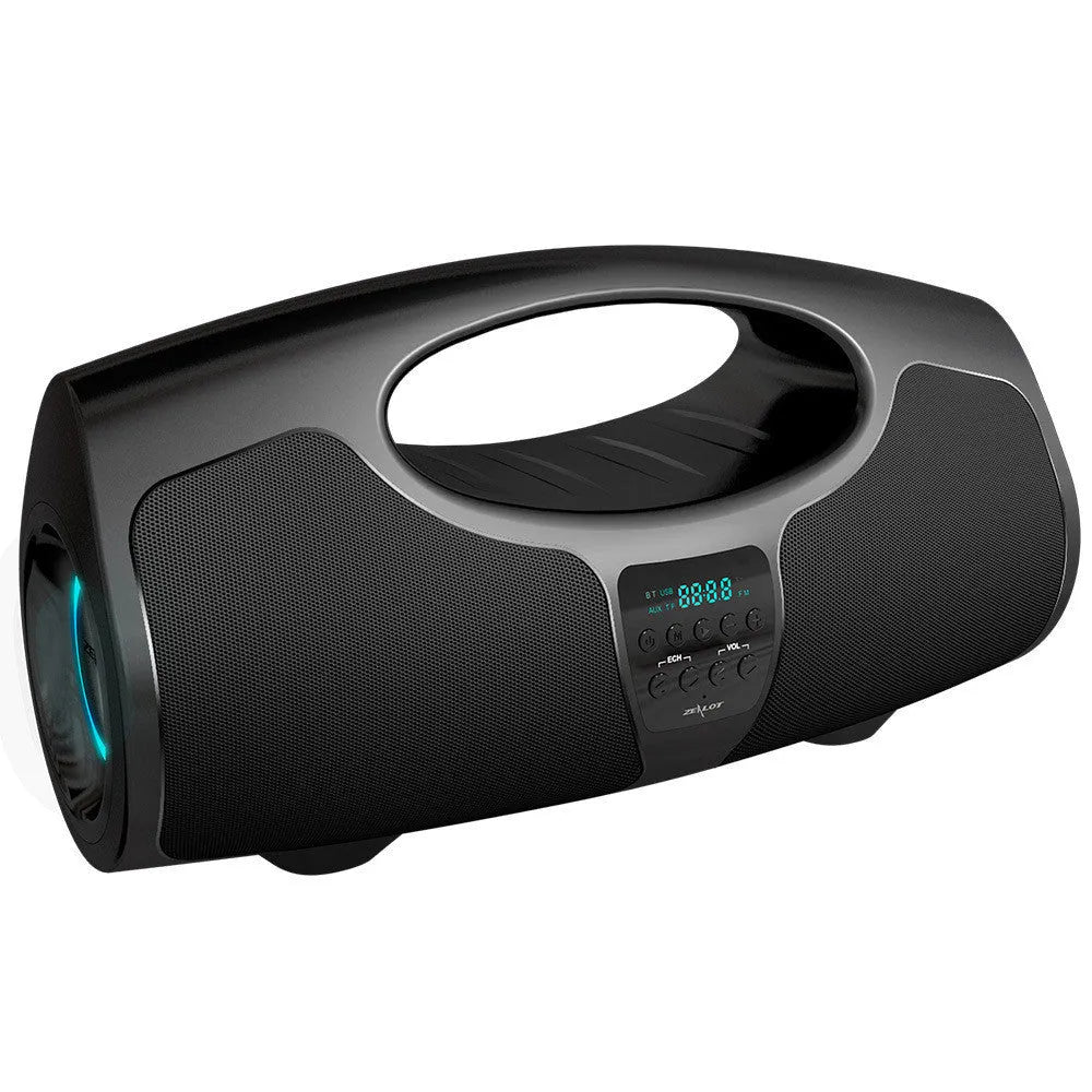 Black portable Bluetooth speaker with a wired microphone for karaoke, showing USB port and control buttons.
