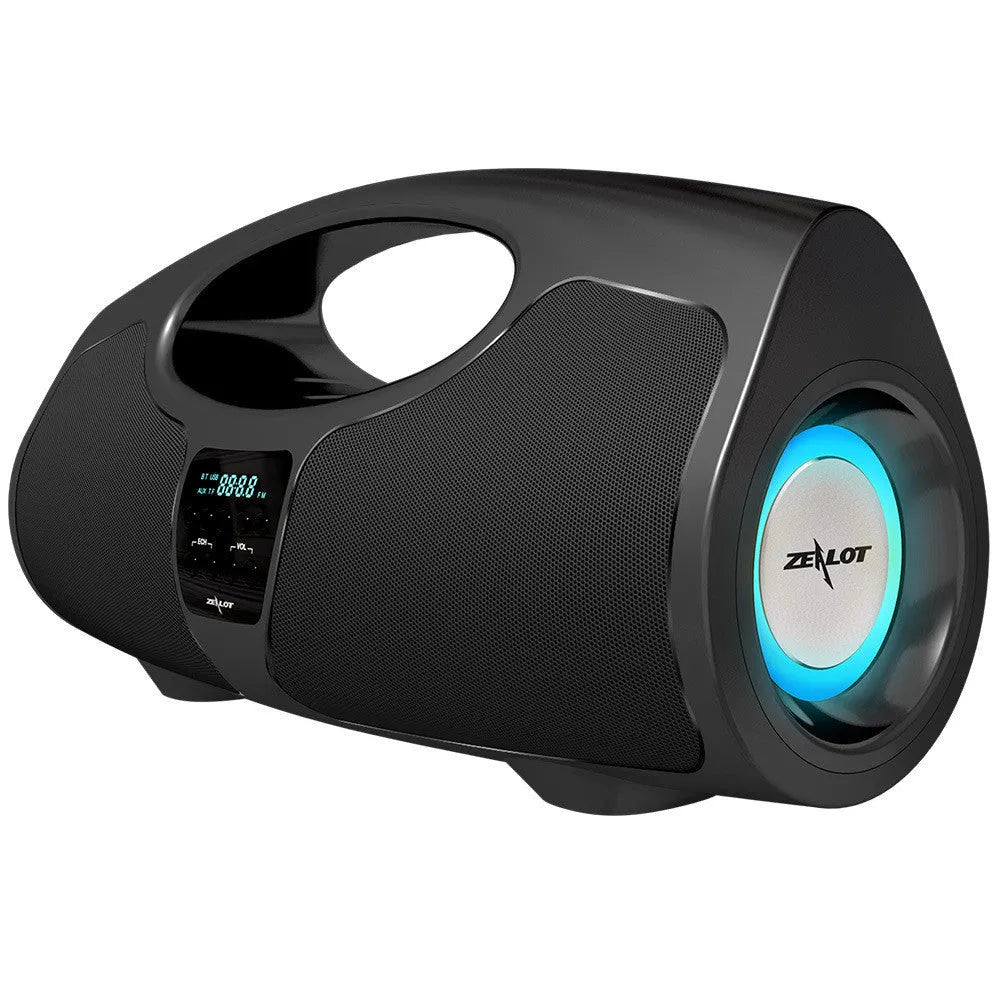 Black portable Bluetooth speaker with a wired microphone for karaoke, showing USB port and control buttons.