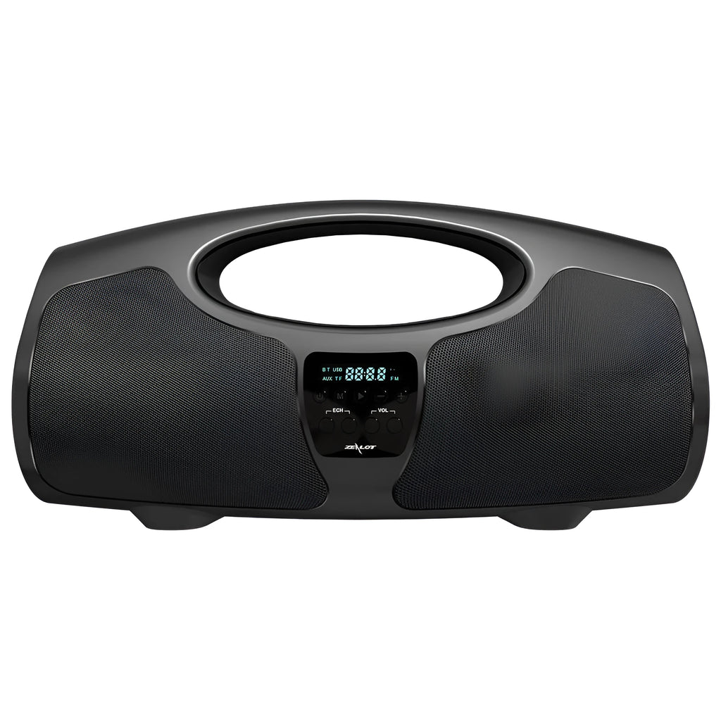 Black portable Bluetooth speaker with a wired microphone for karaoke, showing USB port and control buttons.