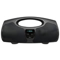 Black portable Bluetooth speaker with a wired microphone for karaoke, showing USB port and control buttons.