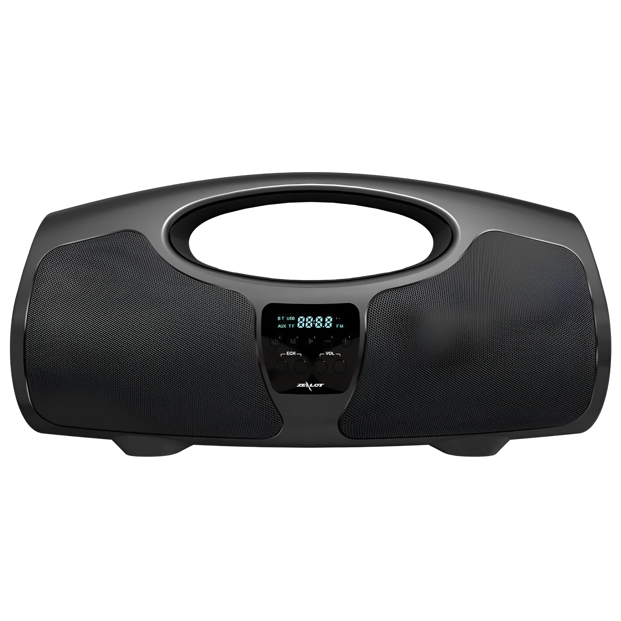 Black portable Bluetooth speaker with a wired microphone for karaoke, showing USB port and control buttons.