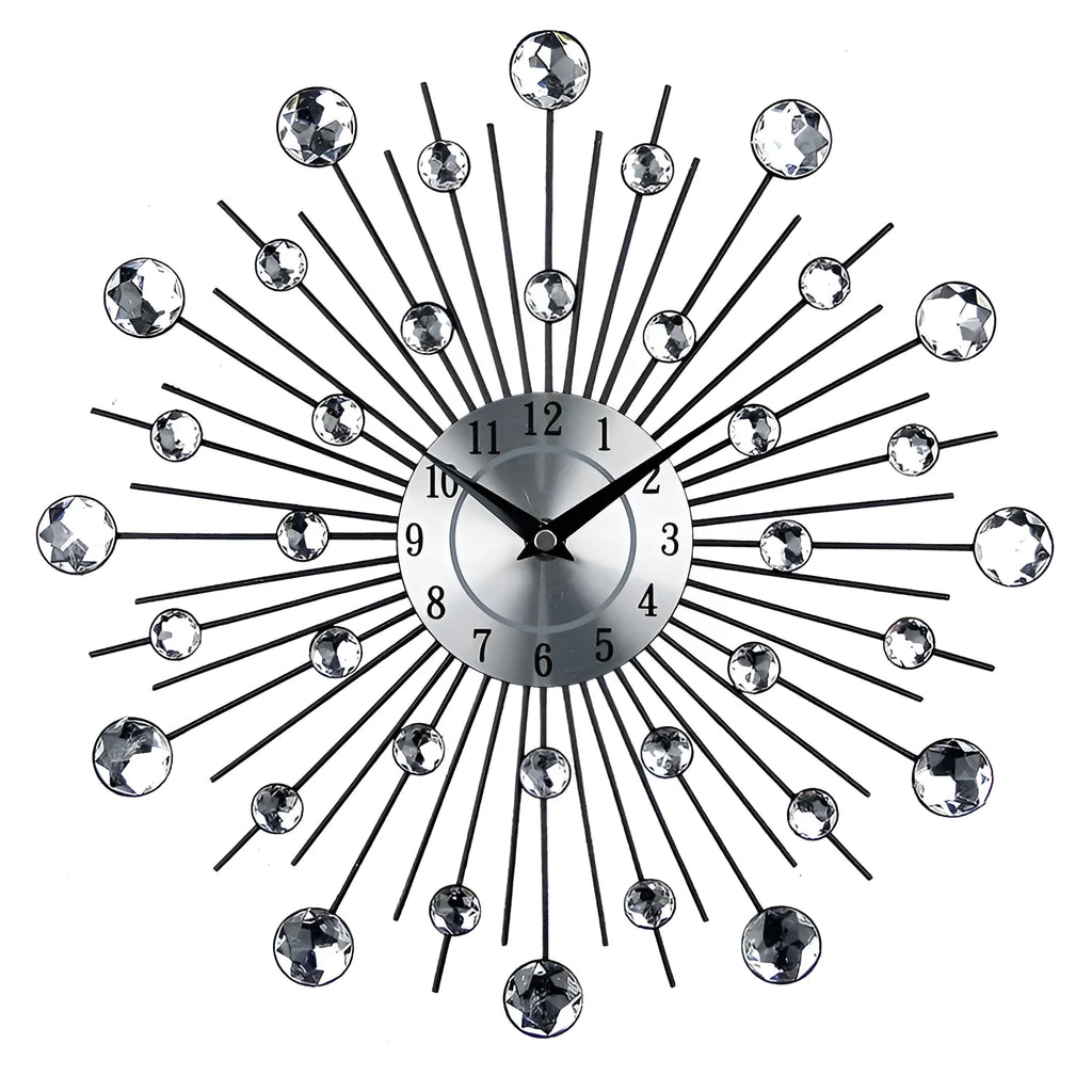 Silver round wall clock with 33cm diameter metal frame and clear number display