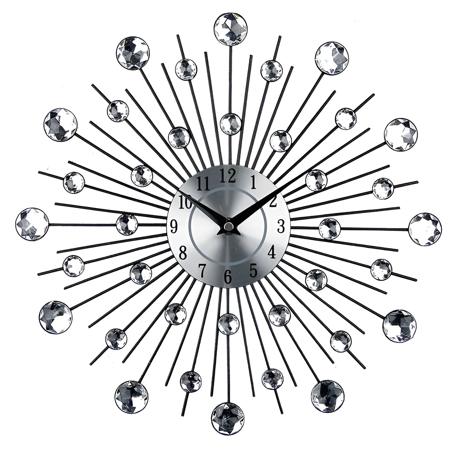 Silver round wall clock with 33cm diameter metal frame and clear number display