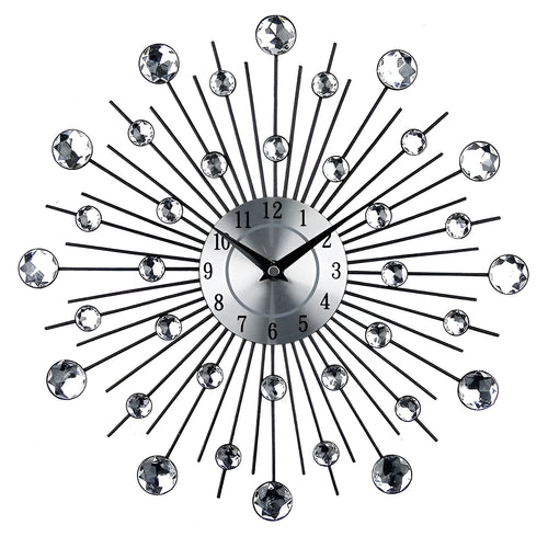 Silver round wall clock with 33cm diameter metal frame and clear number display