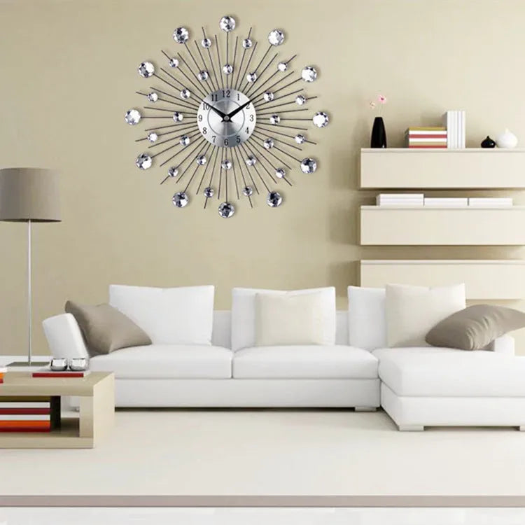 Silver round wall clock with 33cm diameter metal frame and clear number display
