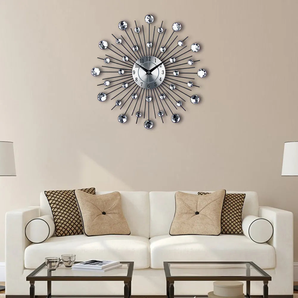 Silver round wall clock with 33cm diameter metal frame and clear number display