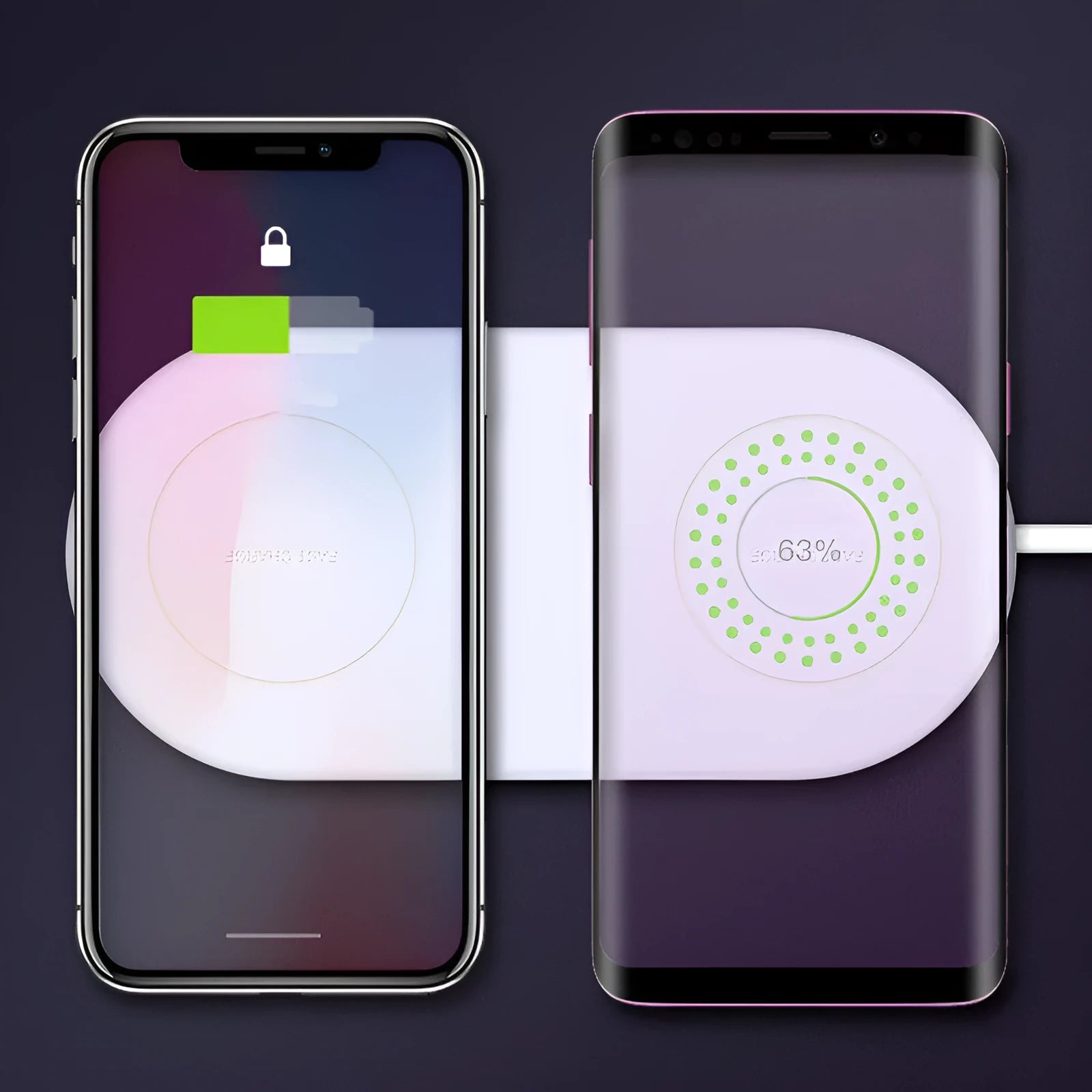 A simple white dual wireless charger for two mobile phones on a desk.