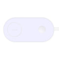 A simple white dual wireless charger for two mobile phones on a desk.