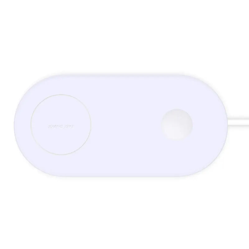 A simple white dual wireless charger for two mobile phones on a desk.
