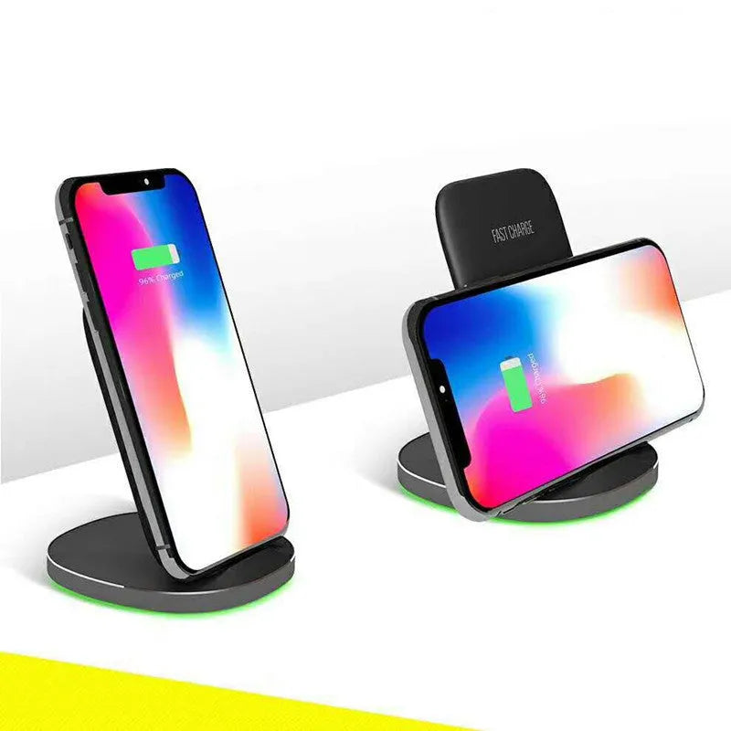 Vertical wireless charging dock for smartphones in black colour on desk