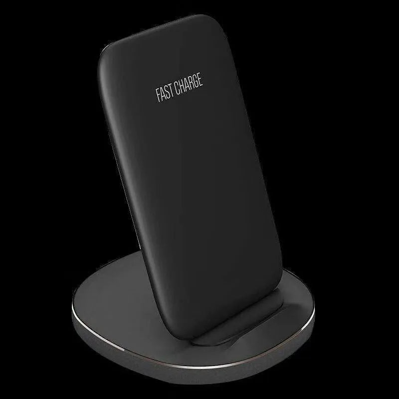 Vertical wireless charging dock for smartphones in black colour on desk