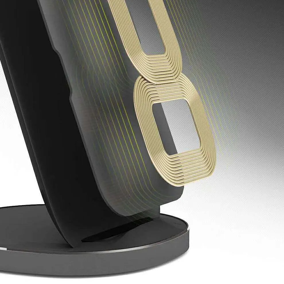Vertical wireless charging dock for smartphones in black colour on desk
