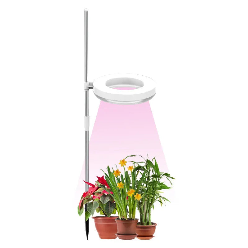 Compact white full spectrum plant growth lamp on a desk next to indoor greenery.