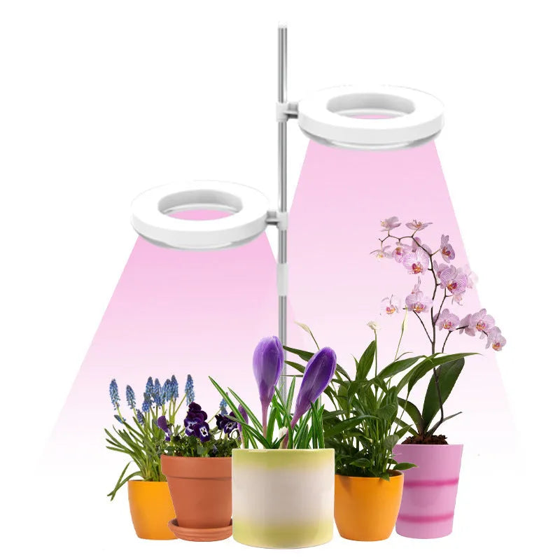 Compact white full spectrum plant growth lamp on a desk next to indoor greenery.