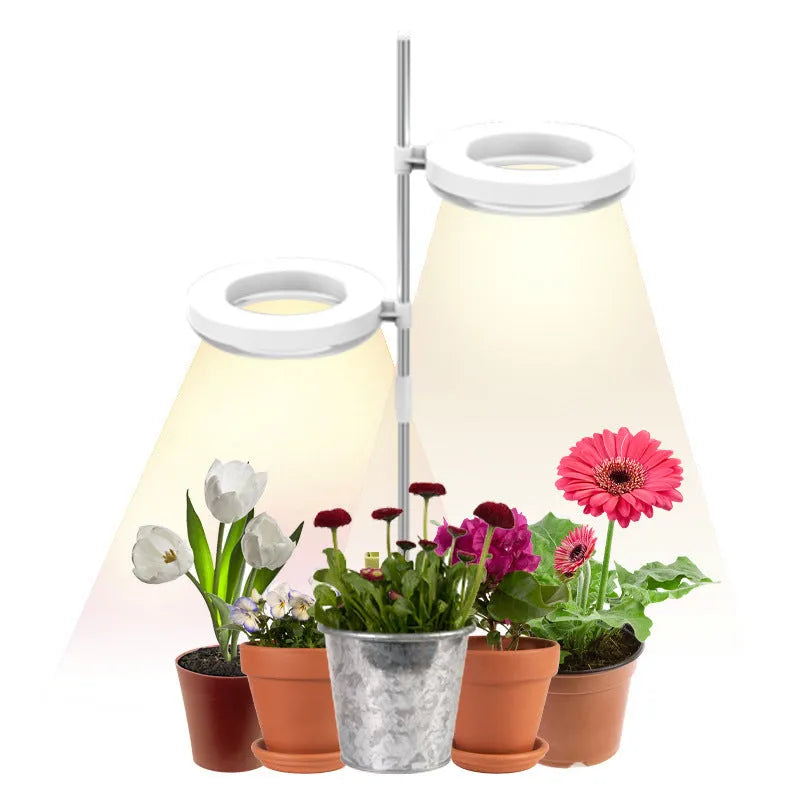 Compact white full spectrum plant growth lamp on a desk next to indoor greenery.
