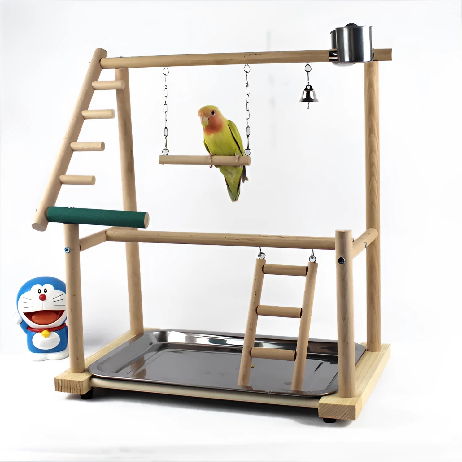Brown desktop bird stand for cockatiel with swing and ladder, 36x23x40cm