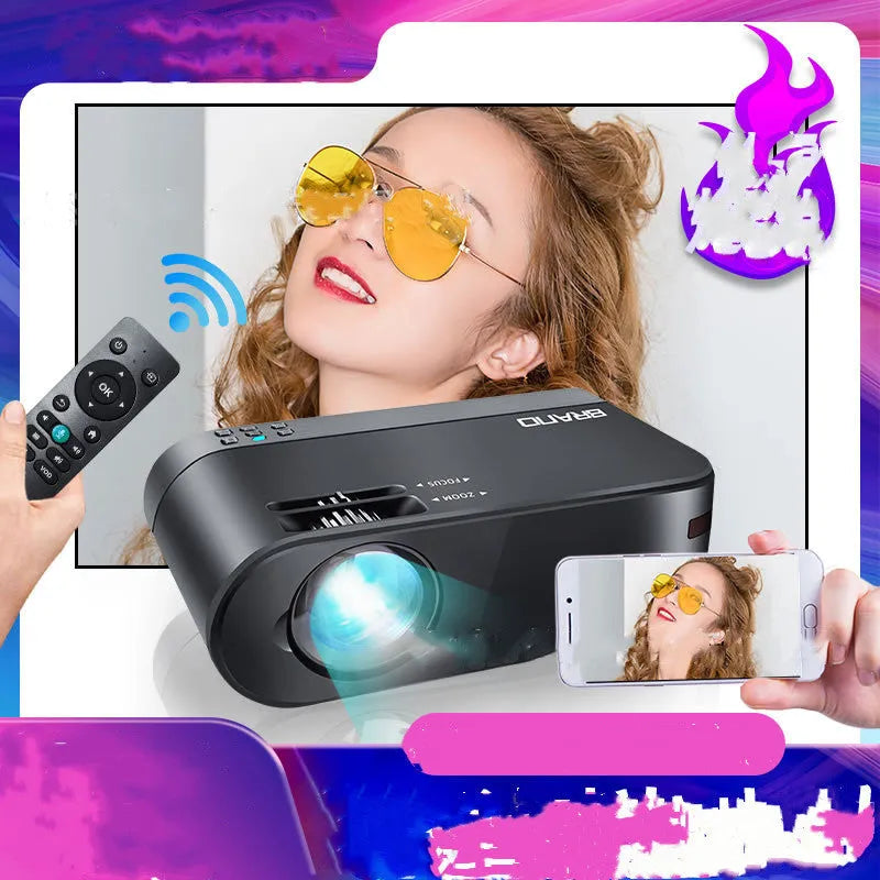 Portable wireless projector with AI voice control and 8K lens for mobile screen mirroring