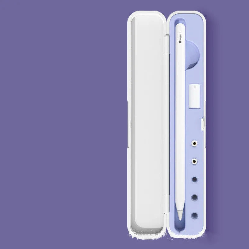 Hard-shell protective travel case for Apple Pencil 1st and 2nd Generation in purple, green, black, and blue.