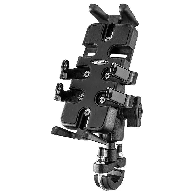 Black nylon motorcycle phone navigation bracket for U-shaped handlebars, one size.