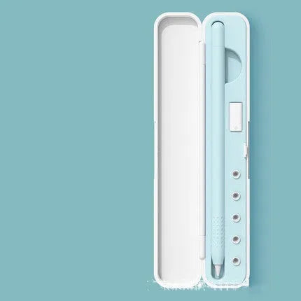 Hard-shell protective travel case for Apple Pencil 1st and 2nd Generation in purple, green, black, and blue.