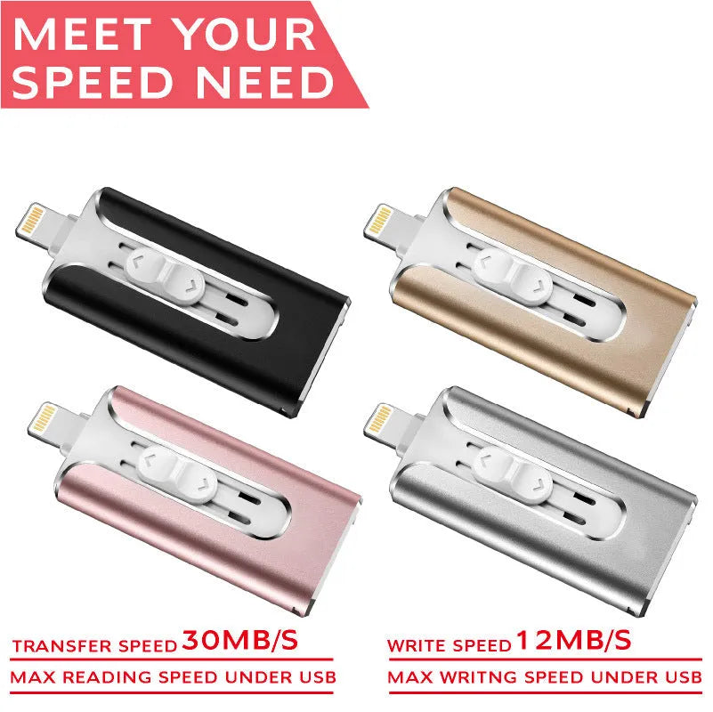 Metal triple-interface USB flash drive with Lightning and USB connectors in black, silver, gold, and rose gold.