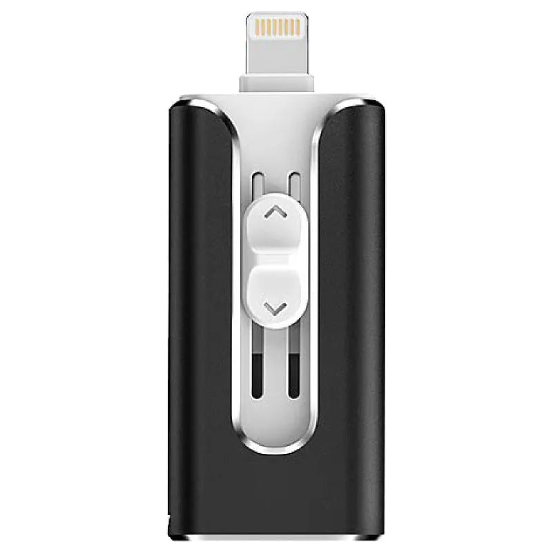 Metal triple-interface USB flash drive with Lightning and USB connectors in black, silver, gold, and rose gold.