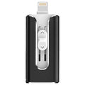 Metal triple-interface USB flash drive with Lightning and USB connectors in black, silver, gold, and rose gold.