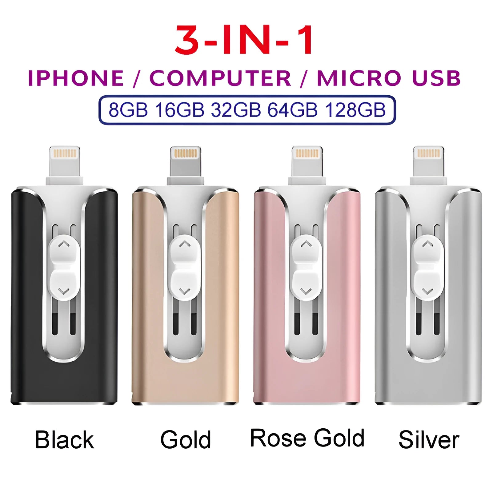Metal triple-interface USB flash drive with Lightning and USB connectors in black, silver, gold, and rose gold.