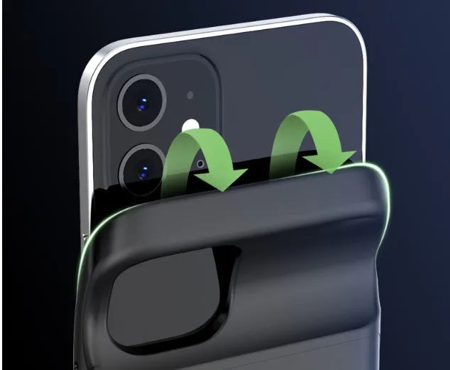 Black ultra-thin TPU soft case wireless back clip battery for iPhone 12 phones, showing clip and multi-U port.