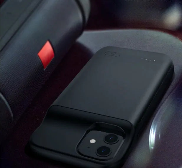 Black ultra-thin TPU soft case wireless back clip battery for iPhone 12 phones, showing clip and multi-U port.