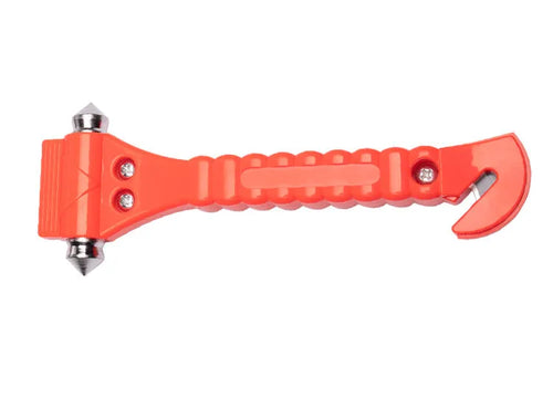 Red car emergency safety hammer with window breaker tip and seatbelt cutter blade