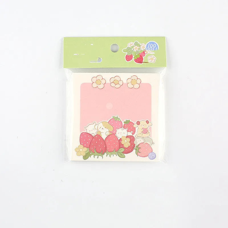 Minky's Kawaii square memo notepad in a strawberry pattern, showing its 80x80mm size and paper brick shape.