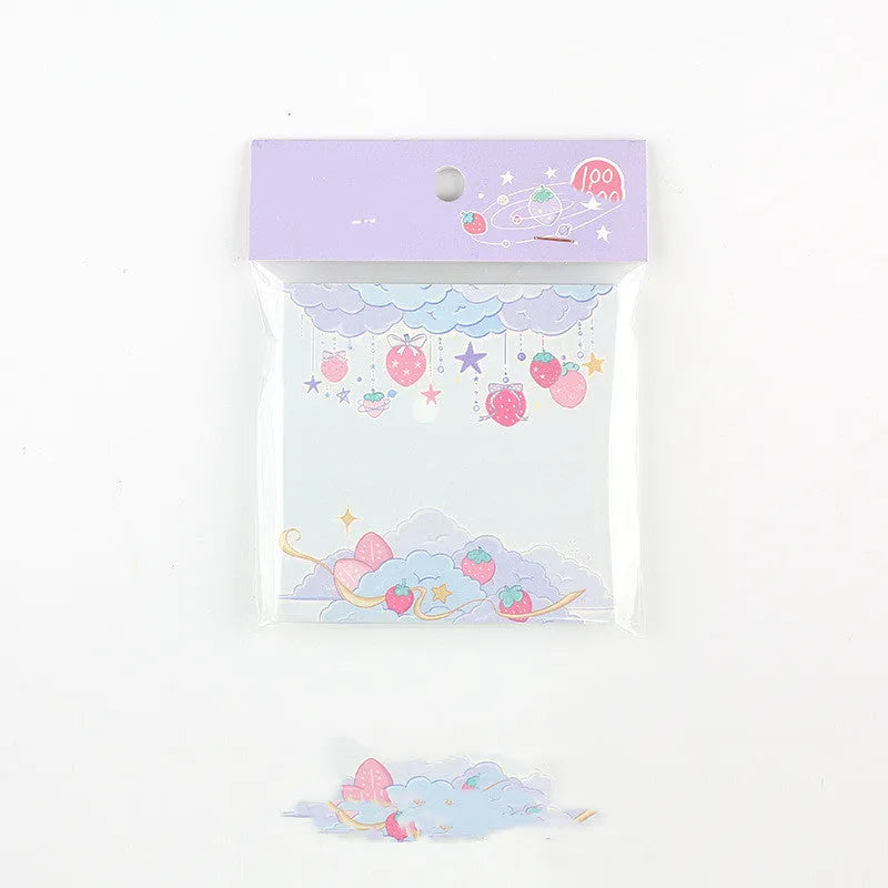 Minky's Kawaii square memo notepad in a strawberry pattern, showing its 80x80mm size and paper brick shape.