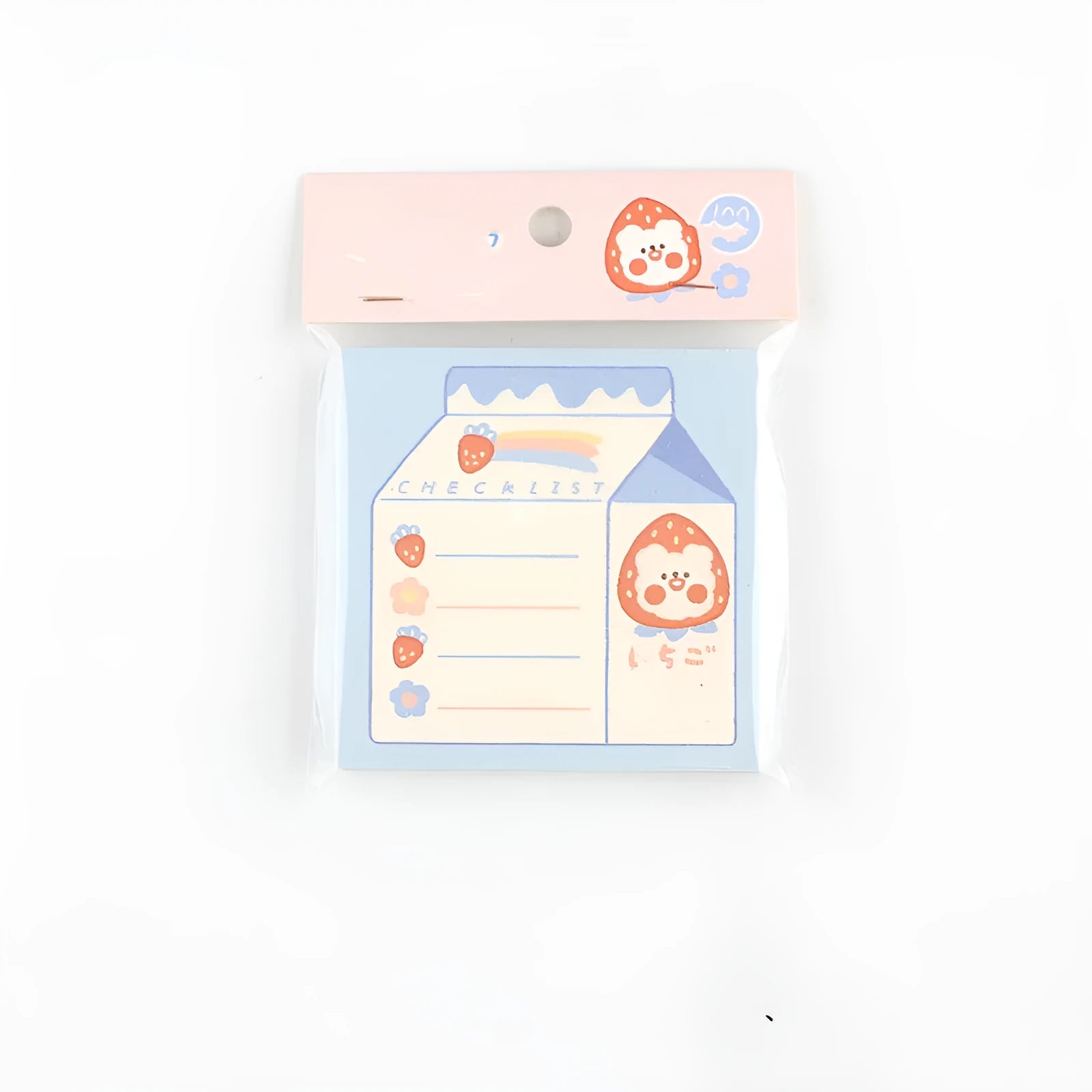 Minky's Kawaii square memo notepad in a strawberry pattern, showing its 80x80mm size and paper brick shape.