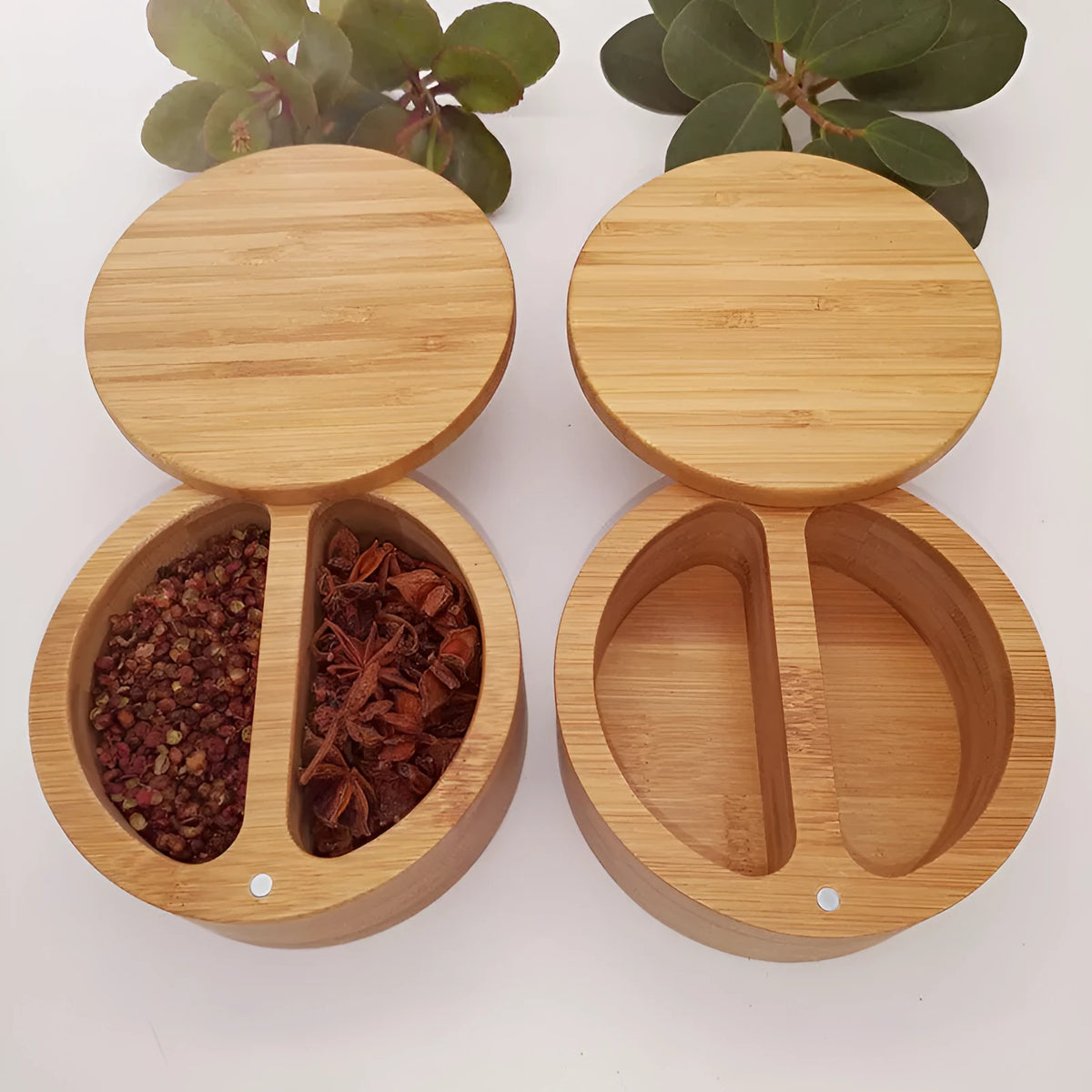 Natural bamboo seasoning box with single compartment for solid seasonings on kitchen worktop