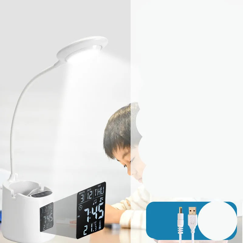 White desk lamp with USB charging cable and touch control switch for study desks