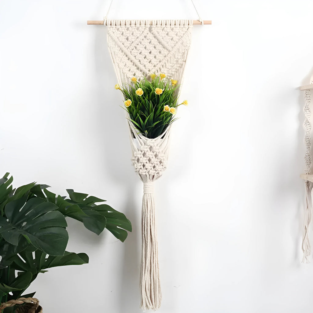 White hand-woven cotton rectangular wall basket with grid pattern measuring 30cm by 70cm