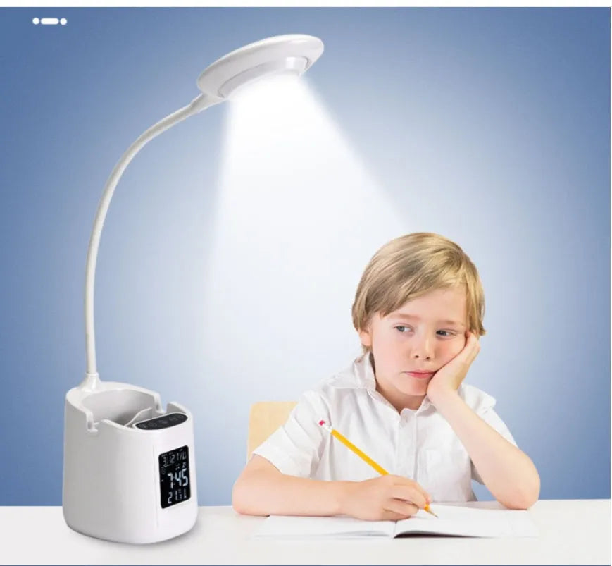 White desk lamp with USB charging cable and touch control switch for study desks