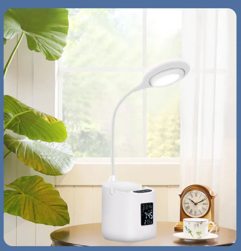 White desk lamp with USB charging cable and touch control switch for study desks
