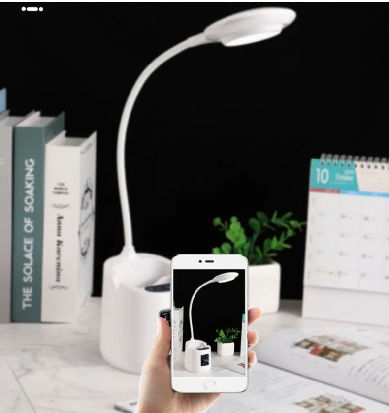 White desk lamp with USB charging cable and touch control switch for study desks